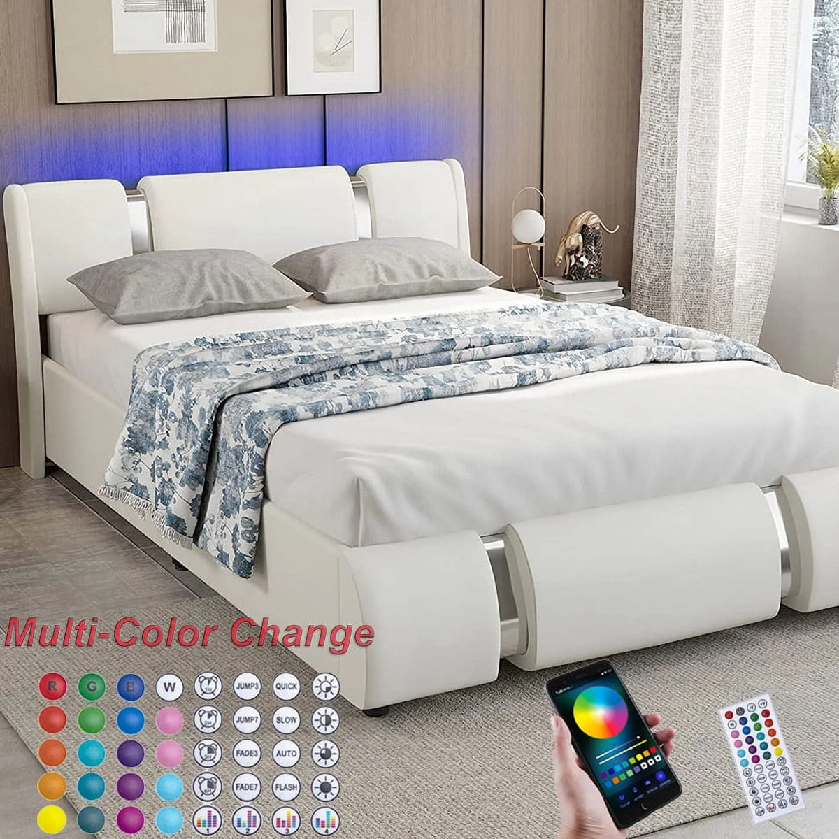 Queen Size Faux Leather Upholstered Platform Bed Frame with LED Light Headboard V203