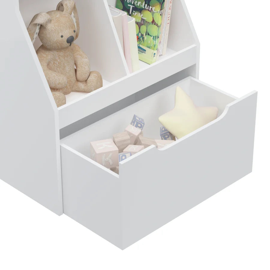 White Wooden Kids Bookcase with Toy Box on Wheels N530689