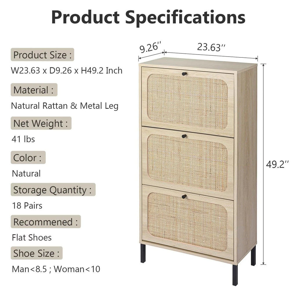 3 Flip Drawer Rattan Shoe Cabinet with Adjustable Shelves C36486