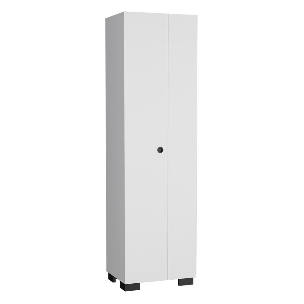 White Double-Door Broom Cabinet with Inner Shelves and Side Hangers M3099