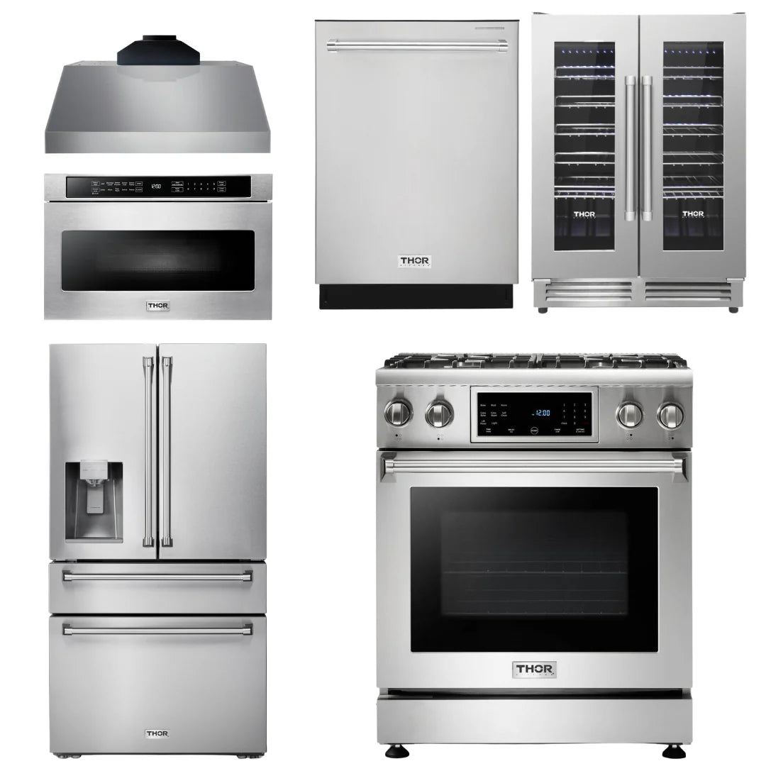 30 Gas Range, Range Hood, Microwave, Refrigerator with Water and Ice Dispenser, Dishwasher, Wine Cooler T4252