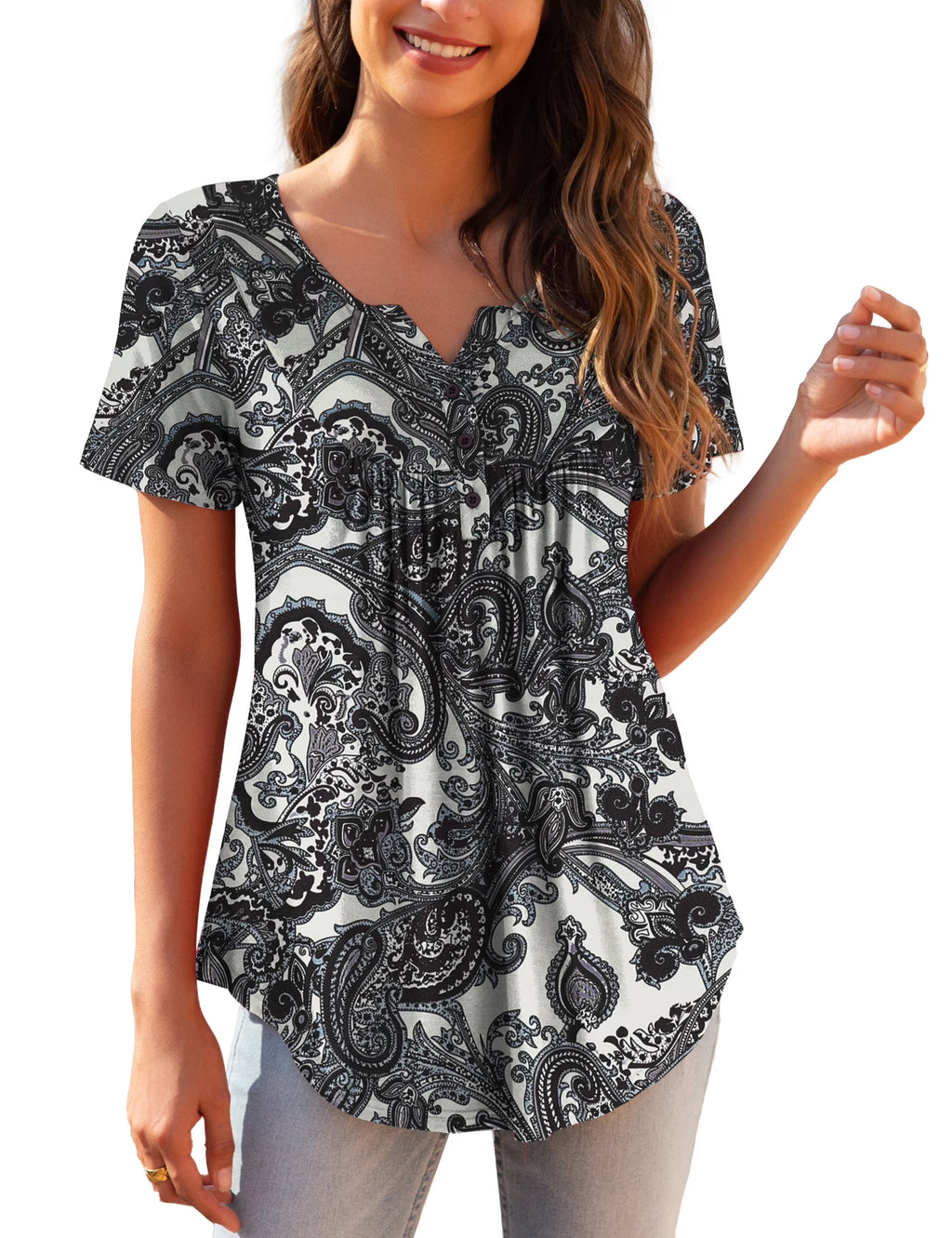 Womens Plus Size Tunic Tops Short Sleeve Floral Henley Shirts C22830