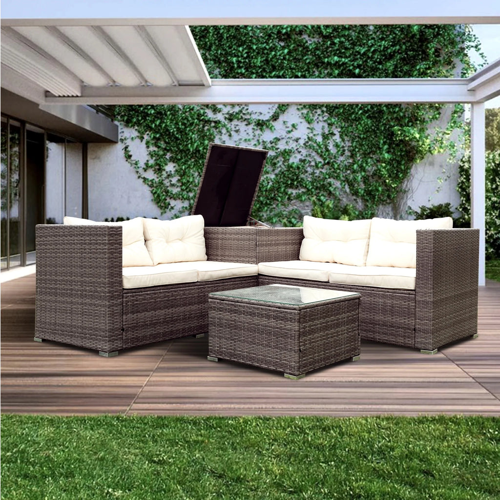 Creme 4 Piece Patio Sectional Wicker Rattan Outdoor Furniture Sofa Set with Storage Box D4560