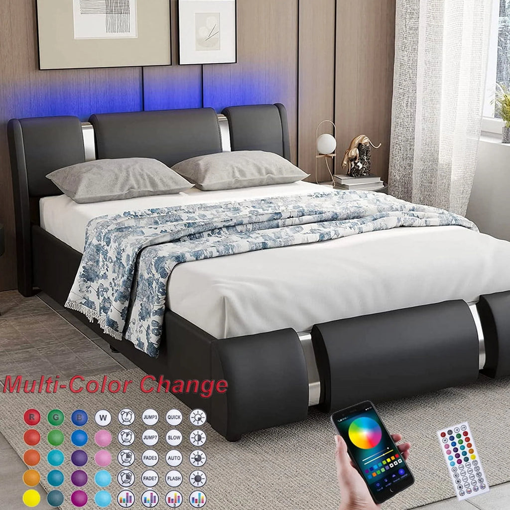 Queen Size Faux Leather Upholstered Platform Bed Frame with LED Light Headboard V203