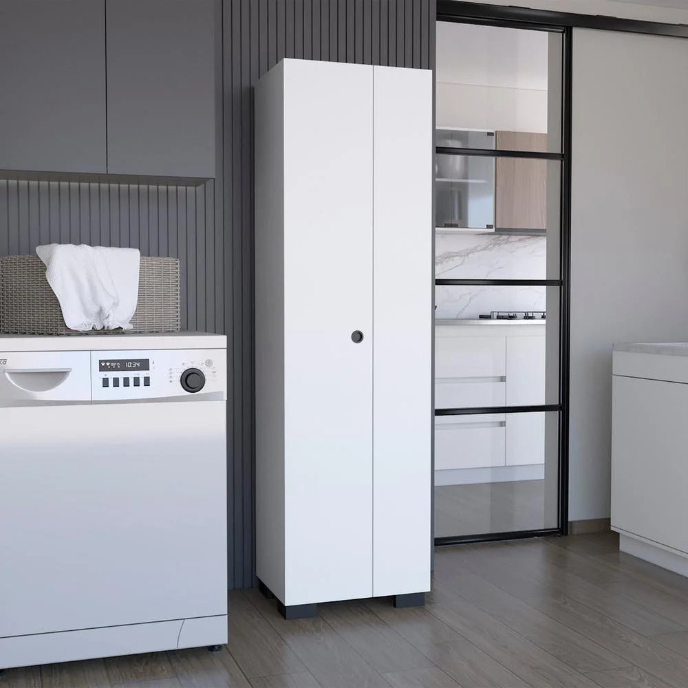 White Double-Door Broom Cabinet with Inner Shelves and Side Hangers M3099
