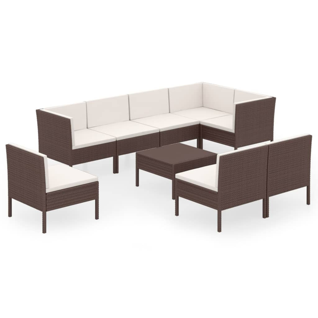 9 Piece Patio Lounge Set with Cream White Cushion Brown Poly Rattan Sectional Outdoor Furniture Set I5243