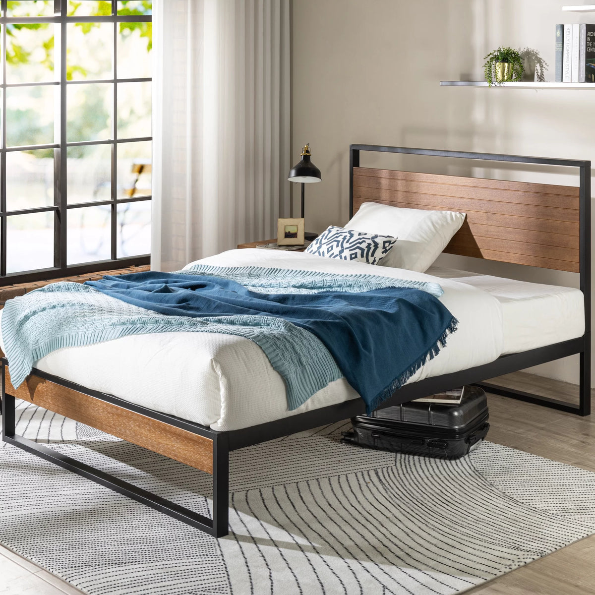 Metal and Wood Platform Bed Frame with Headboard, Chestnut Brown, Full Y4403