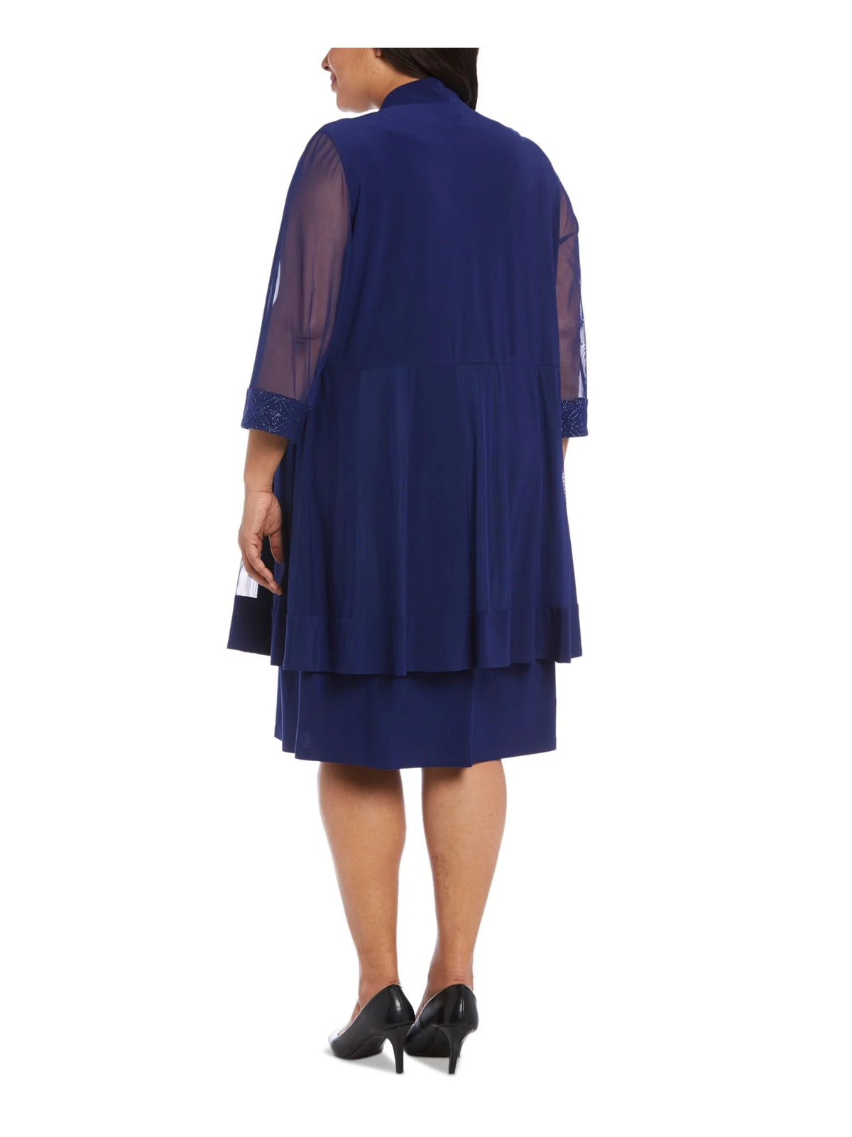 Blue Stretch Embellished Open Front 3/4 Sleeve Jacket Sleeveless Round Neck Knee Length Shift Dress Plus 2X F76713