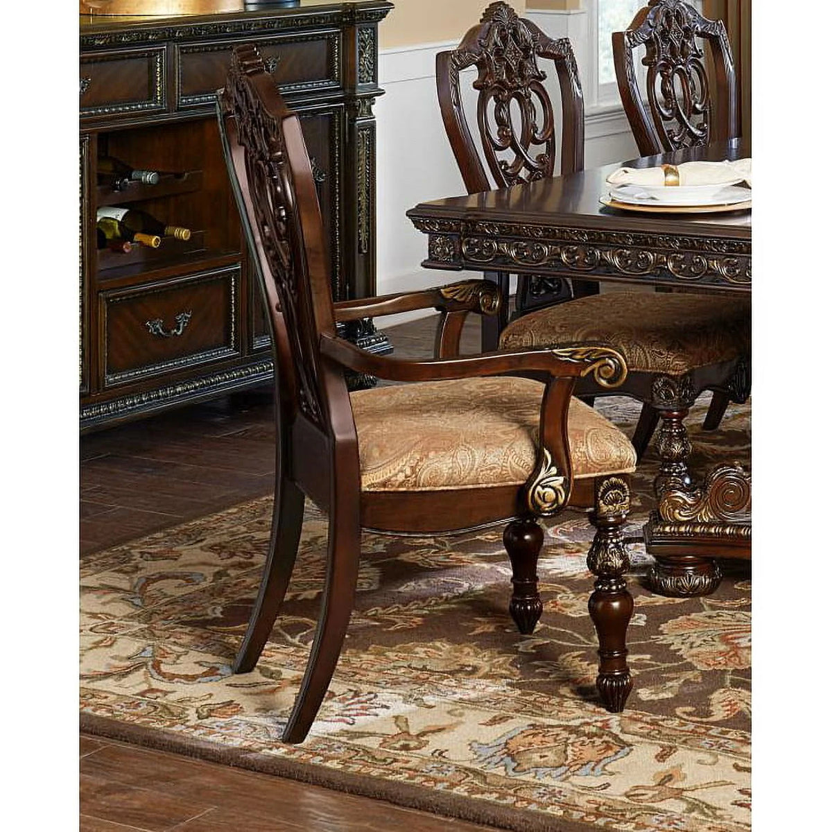 Fabric Upholstered Wooden Arm Chair Set of 2 Cherry Brown F3199