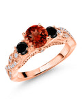18K Rose Gold Plated Silver Red Garnet Black Diamond White Moissanite Engagement Ring B772354