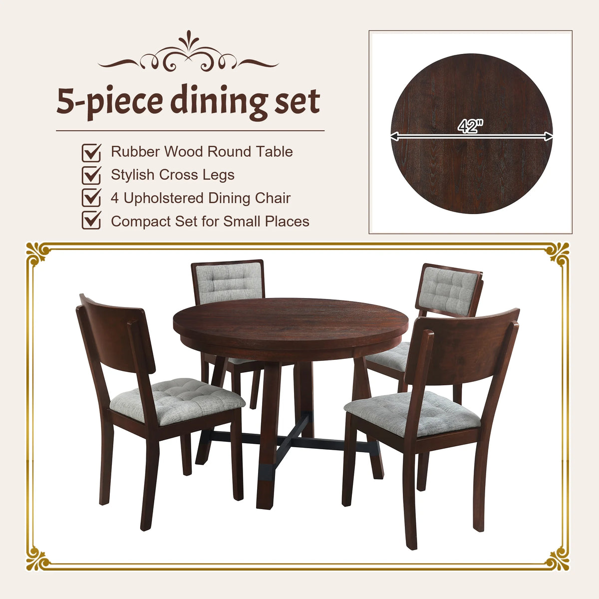 Rustic Wood 5 Piece Dining Table Set Q831