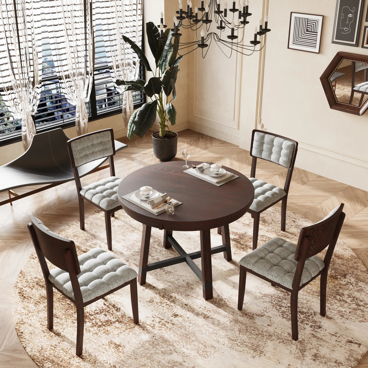 Rustic Wood 5 Piece Dining Table Set Q831